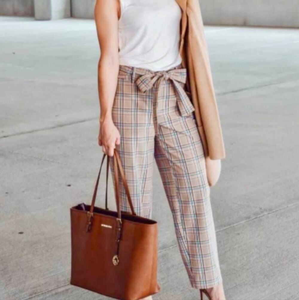 A New Day Plaid High Rise Tie Waist Stretch Paints with Tapered Ankles Size 4 - Picture 1 of 9